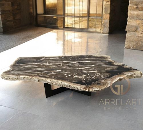 Original design coffee table - PADUA - ARRELART - petrified wood / metal base / custom