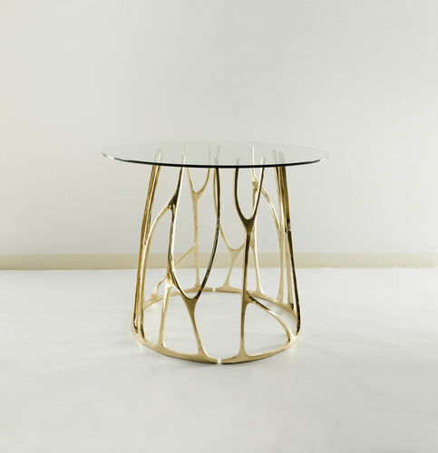 Contemporary dining table - GALAXY - MASAYA - glass / brass base / round