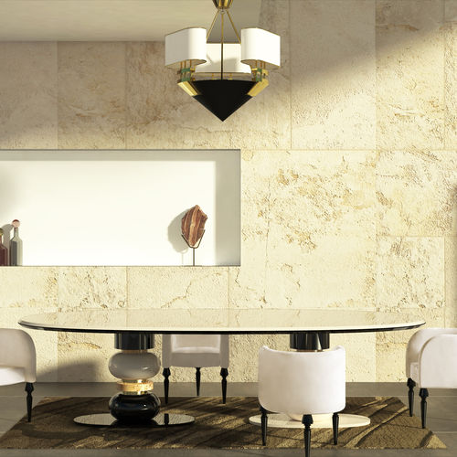 Contemporary dining table - Hematite - Muranti - stone / lacquered wood base / polished brass base