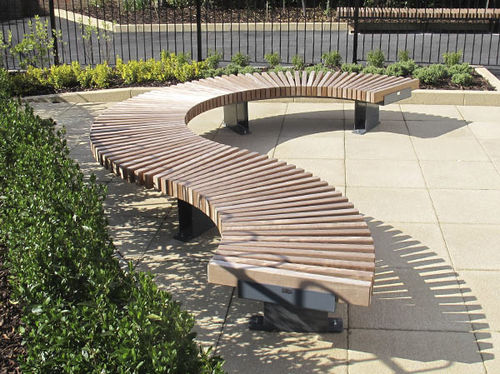 Contemporary public bench - RAILROAD EDGE - Furnitubes - iroko / with ...