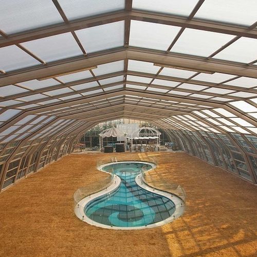 High swimming pool enclosure - AQUASUN - XL - Evergreen Solutions - retractable / aluminium / glass