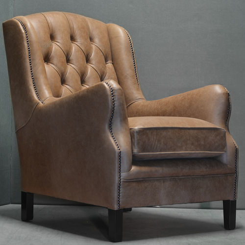 Chesterfield armchair - DUKE - Harleq - leather / beech / with removable cushion