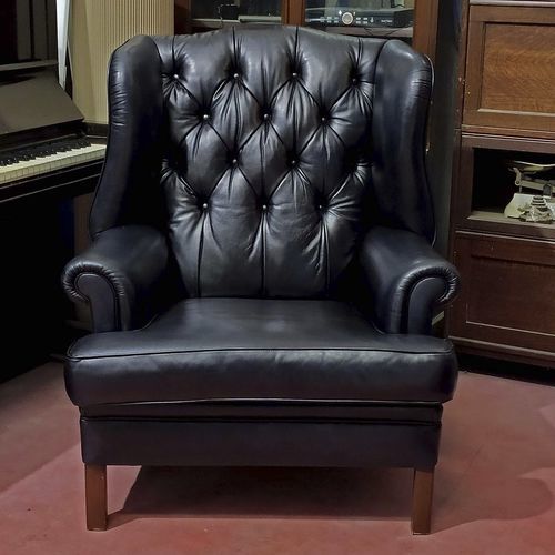 Chesterfield armchair - VINTAGE  - Harleq - leather / wing / black