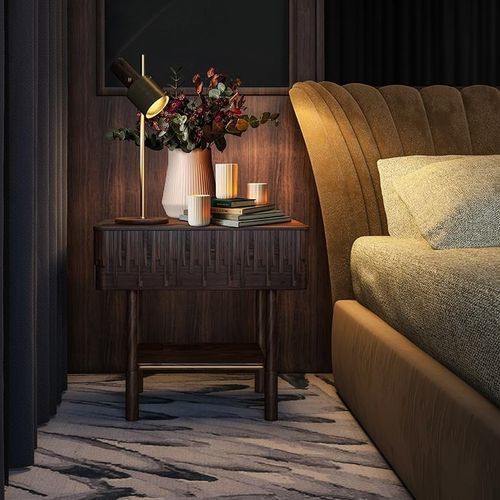 Contemporary bedside table - Campbell - WOOD TAILORS CLUB - walnut / brass / walnut base