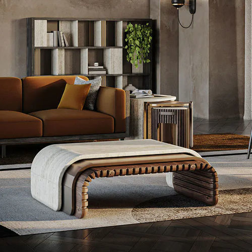 Contemporary coffee table - Henley - WOOD TAILORS CLUB - walnut / travertine / limestone