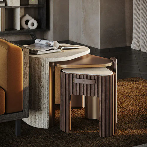Contemporary side table - Henley - WOOD TAILORS CLUB - walnut / brass / travertine