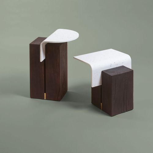 Contemporary side table - GHAN 92,8 - NOMA Editions - recycled plastic / brass base / oak base