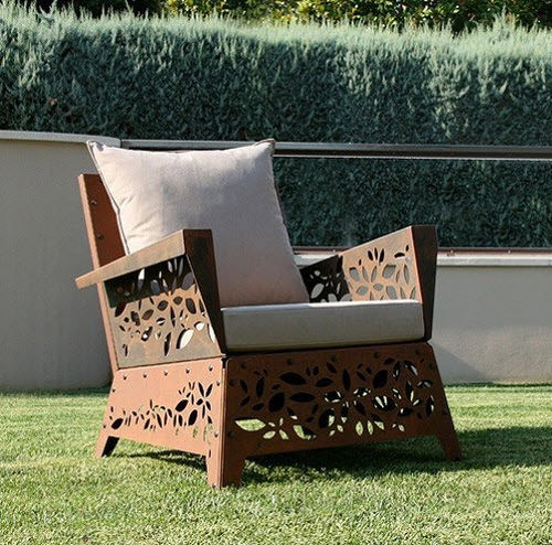 Contemporary armchair - HANAMI - Trackdesign - water-repellent fabric / COR-TEN® steel / with removable cushion