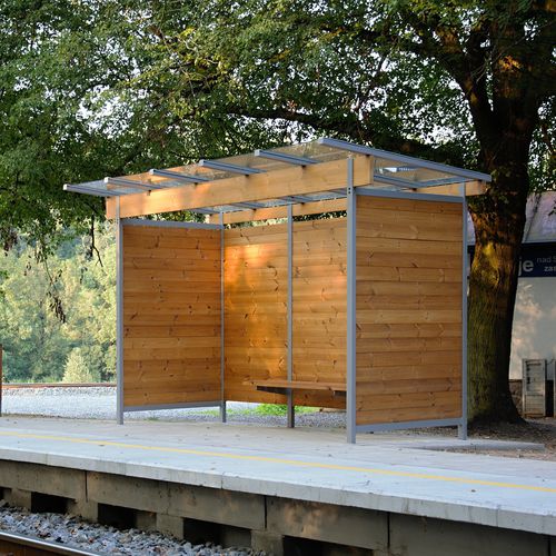 Glass bus shelter - VARIO - STREETPARK s.r.o. - steel / wooden / tempered glass