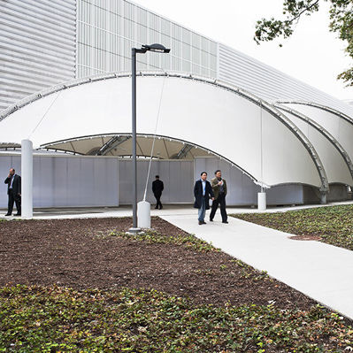 Metal frame tensile structure - ICON INTERIORS AND EXTERIORS - cable-and-membrane / arch / for shelter