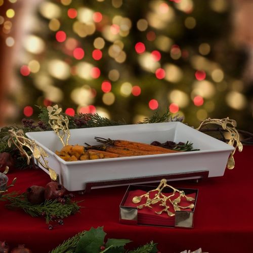 Serving plate - MISTLETOE  - Michael Aram - rectangular / porcelain / brass
