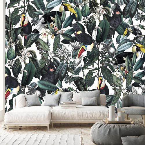 Contemporary wallpaper - NEO BIRDS  - Wally's - nature pattern / green / for living rooms