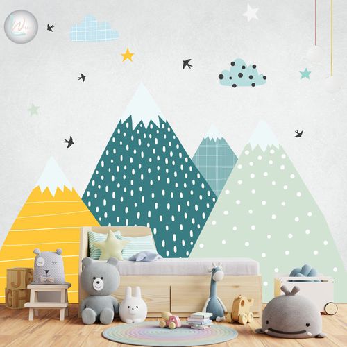 Contemporary wallpaper - COLORFULL MOUNTAINS  - Wally's - children's pattern / green / yellow