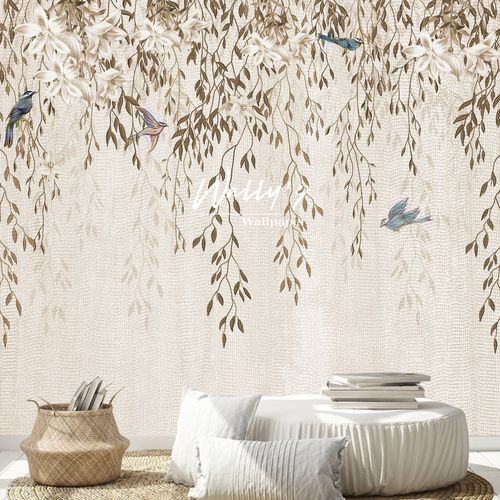 Contemporary wallpaper - FLORASION BIRDS  - Wally's - chinoiserie / gray / green