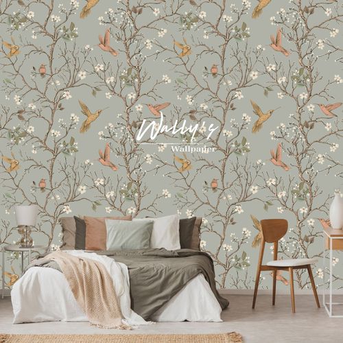 Contemporary wallpaper - LITTLE FLORAL AND BIRDS  - Wally's - floral / chinoiserie / gray