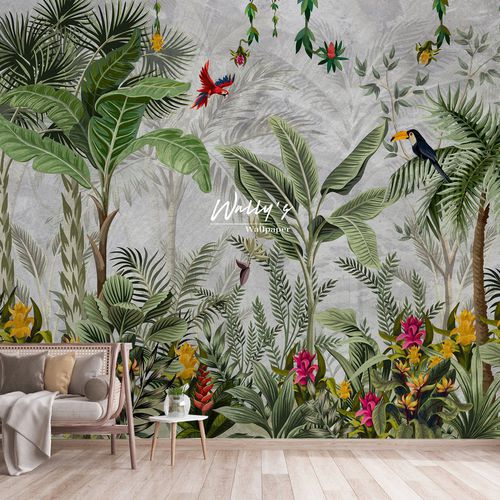Contemporary wallpaper - MONO TROPICS  - Wally's - nature pattern / gray / green