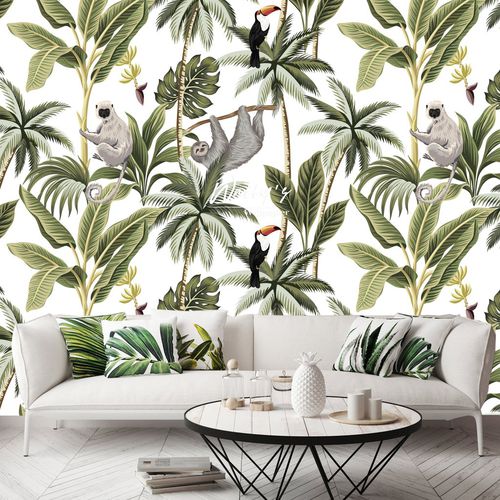 Contemporary wallpaper - TROPICAL ANIMALS  - Wally's - nature pattern / gray / white
