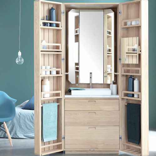 Free-standing washbasin cabinet - LA CABINE - LINE ART - oak / contemporary / with door
