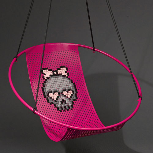 Contemporary hanging chair - EMBROIDERY - Studio Stirling - outdoor / indoor / steel