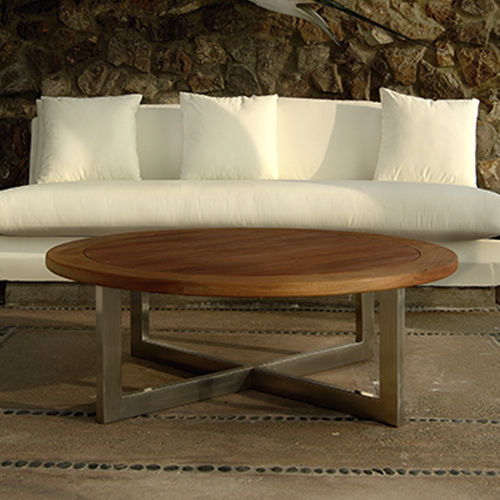 Contemporary coffee table - MAINDECK  - Beltempo USA - teak / stainless steel base / round