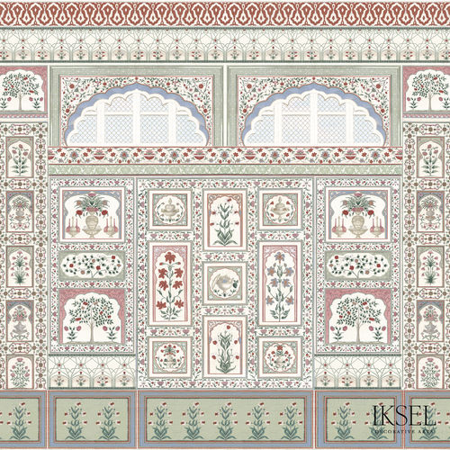 Contemporary wallpaper - AR305 Amber cr14 Pink&Green - Iksel Decorative Arts - fiberglass / vinyl / floral pattern