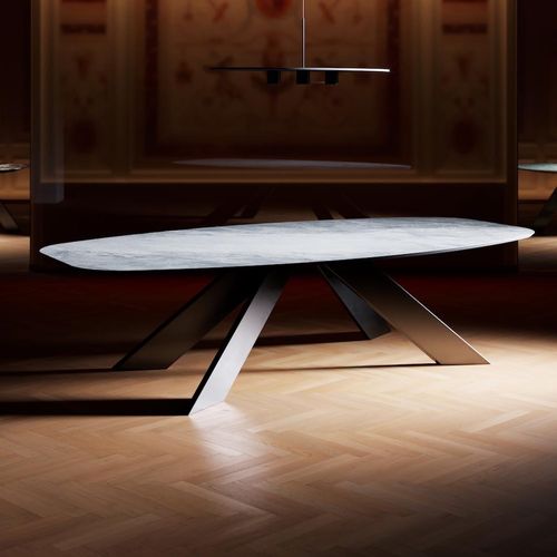 Contemporary table - ROCK  - TERZADIMENSIONE - glass / porcelain stoneware / steel base