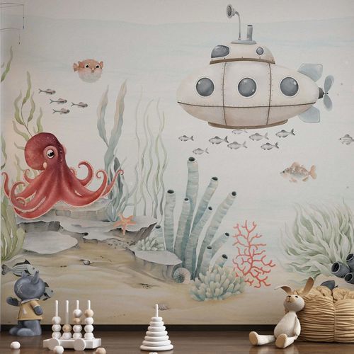Nautical wallpaper - Aventure Sous-Marine - Kam et Leon - nonwoven fabric / vinyl / animal motif