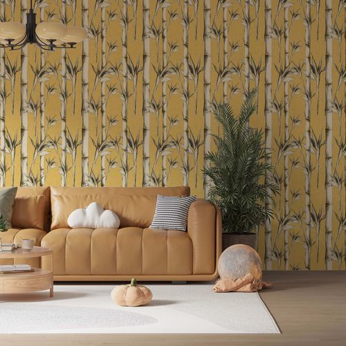 Nonwoven fabric wallpaper - BAMBOUS OCRE - Kam et Leon - bamboo / vinyl / nature pattern