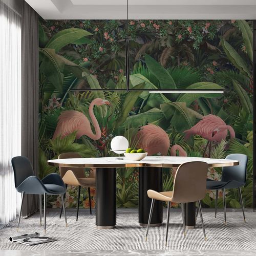 Nonwoven fabric wallpaper - FLAMANTS TROPICAUX - Kam et Leon - polyester / vinyl / animal motif