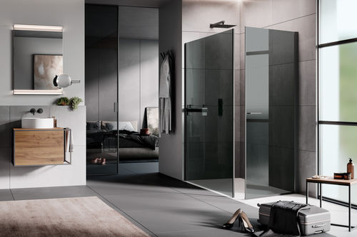 Swing shower screen - OPEN - SAMO - corner / tempered glass / satin-finish glass