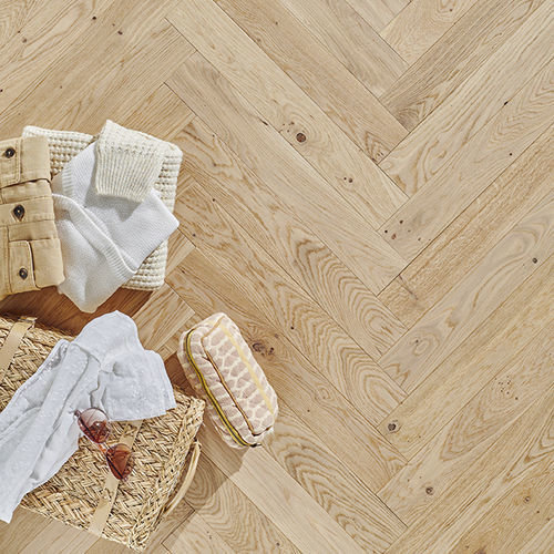 Engineered parquet floor - ZENITUDE BOIS FLOTTÉ 90 - PANAGET - light oak / herringbone / brushed