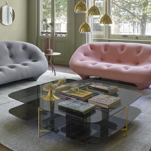 Contemporary coffee table - CLYDE - Ligne Roset - glass / porcelain stoneware / steel base