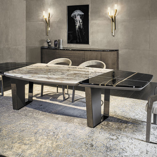 Contemporary table - KEOPE  - LONGHI S.p.a. - leather / metal base / walnut base