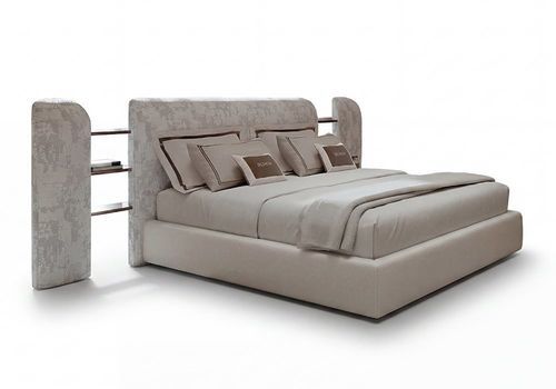 Bed with upholstered headboard - Alma - LONGHI S.p.a. - with lifting system / with storage compartment / with shelf