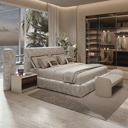 Bed with upholstered headboard - ALMA - LONGHI S.p.a. - with shelf / with storage compartment / upholstered