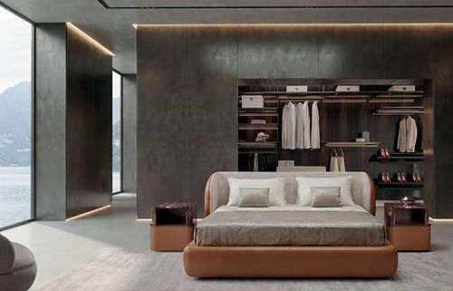 Contemporary bed - Royal - LONGHI S.p.a. - with upholstered headboard / with in-base storage / upholstered