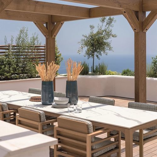 Contemporary table - STADEL - LONGHI S.p.a. - HPL / iroko base / rectangular