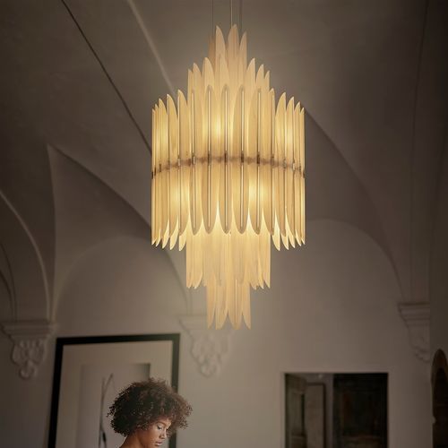 Art Deco chandelier - VOLIERE - Lzf-Lamps - metal / wood veneer / feather