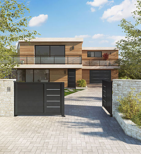 Swing gate - AKORDIA : COTIM 11 - Horizal - sliding / aluminum / brushed stainless steel
