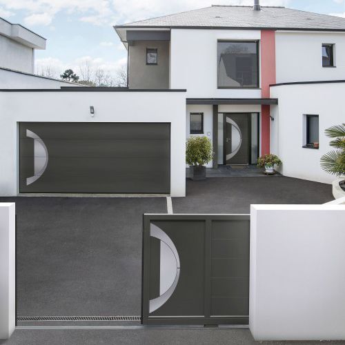 Sliding gate - AKORDIA : ATLANTIDE - Horizal - aluminum / brushed stainless steel / louvered