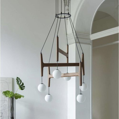 Pendant lamp - ASTRA - Porada - metal / opalescent glass / walnut