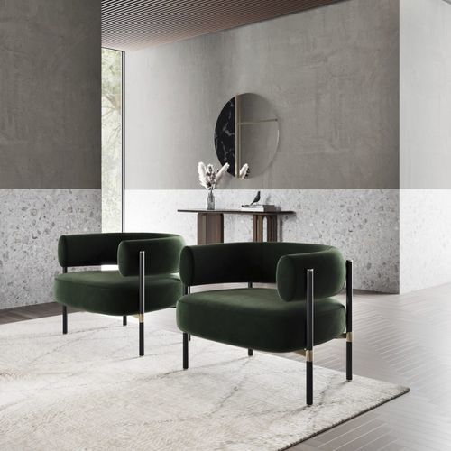 Contemporary armchair - zuni - Ana Roque - fabric / lacquered wood / metal
