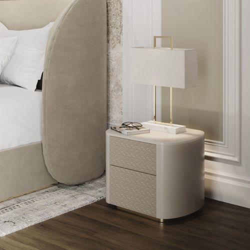 Contemporary bedside table - moa - Ana Roque - lacquered wood / fabric / metal base