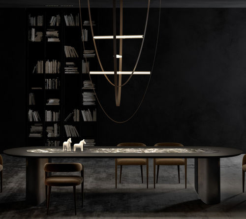 Contemporary dining table - STADIO - Rivethel Guild srl - solid wood / stone / steel base