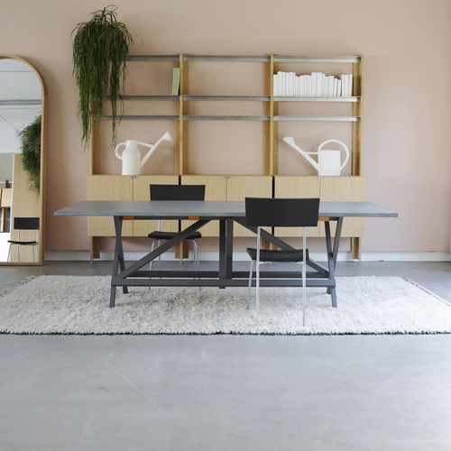Contemporary table - PARIGI - LANDO - zinc / steel base / oak base