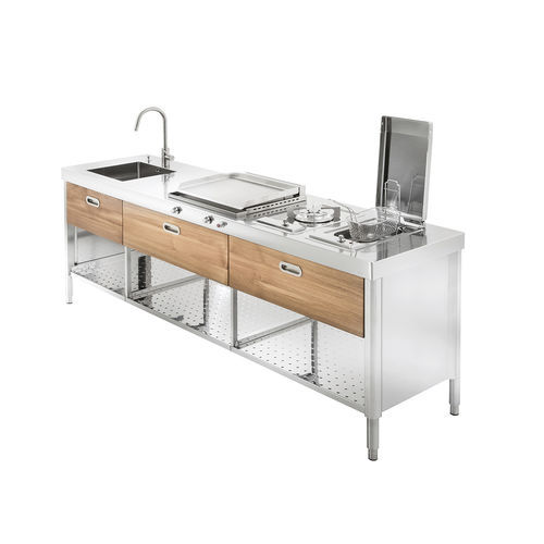 Outdoor kitchen - OUT 250/1 - ALPES-INOX - contemporary / teak / stainless steel