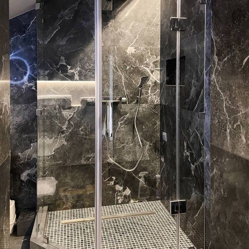 Multi-function shower cubicle - PARITET LLC - glass / metal / with hinged door