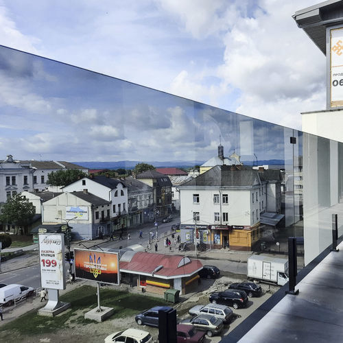 Glass railing - PARITET LLC - with panels / perforated sheet metal / balustrade