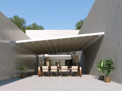 Wall-mounted pergola - S-LUXE  - USINE-ONLINE - extruded aluminum / fabric canopy / custom