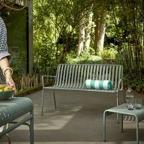 Contemporary garden bench - GABY - TICKET FOR THE MOON - painted metal / with backrest / with armrests